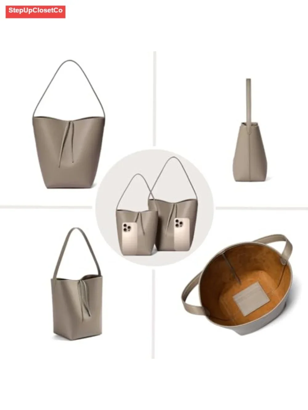 Genuine Leather Bucket Bag with Wallet Full-Grained Calfskin Tote